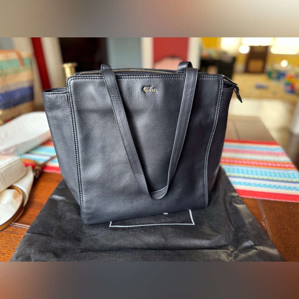 Tula Black Leather Ziptop Tote